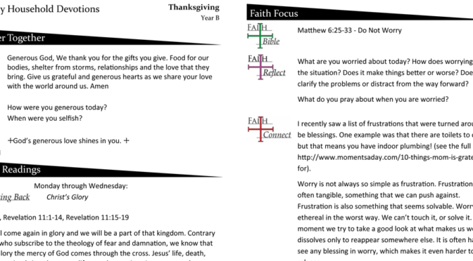 Household Devotion Page for Thanksgiving, Year B